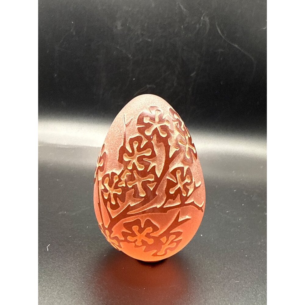 Unmarked Frosted Red Glass Egg Paperweight With Raised Floral Design
